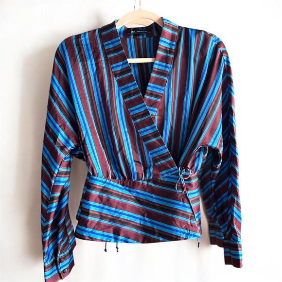 I.N.C Wrap Blouse Long Sleeves Maroon & Blue Stripes Woman’s Small Satin Blouse - Picture 2 of 8